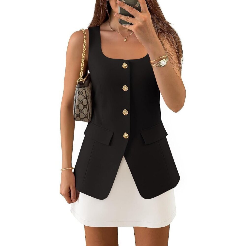 Women's Black Sleeveless Suit Vest Square Neck Button Down Work Business Blazer